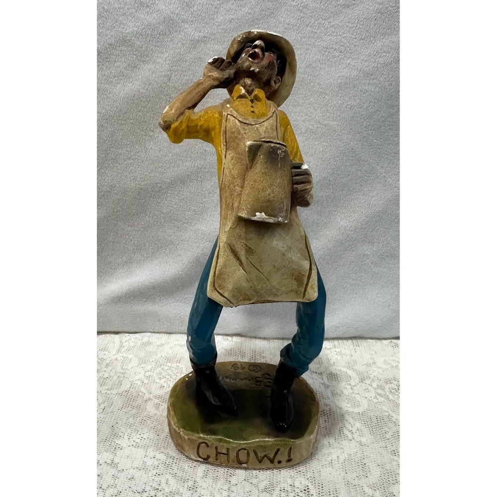 Vintage Cowboy Figurine "CHOW!" Western Man Holding Mug Rustic‎ Decor 1949